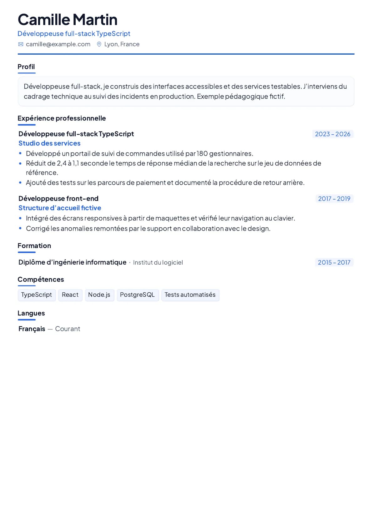 Aperçu du modèle de CV Bastille, parcours fictif Développeuse full-stack TypeScript