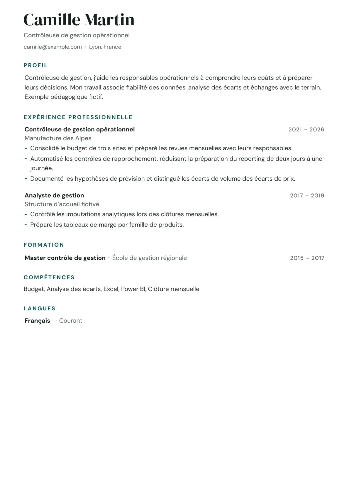 Première page du CV fictif de Camille Martin, Contrôleuse de gestion opérationnel, modèle concorde. Version texte complète ci-dessous.
