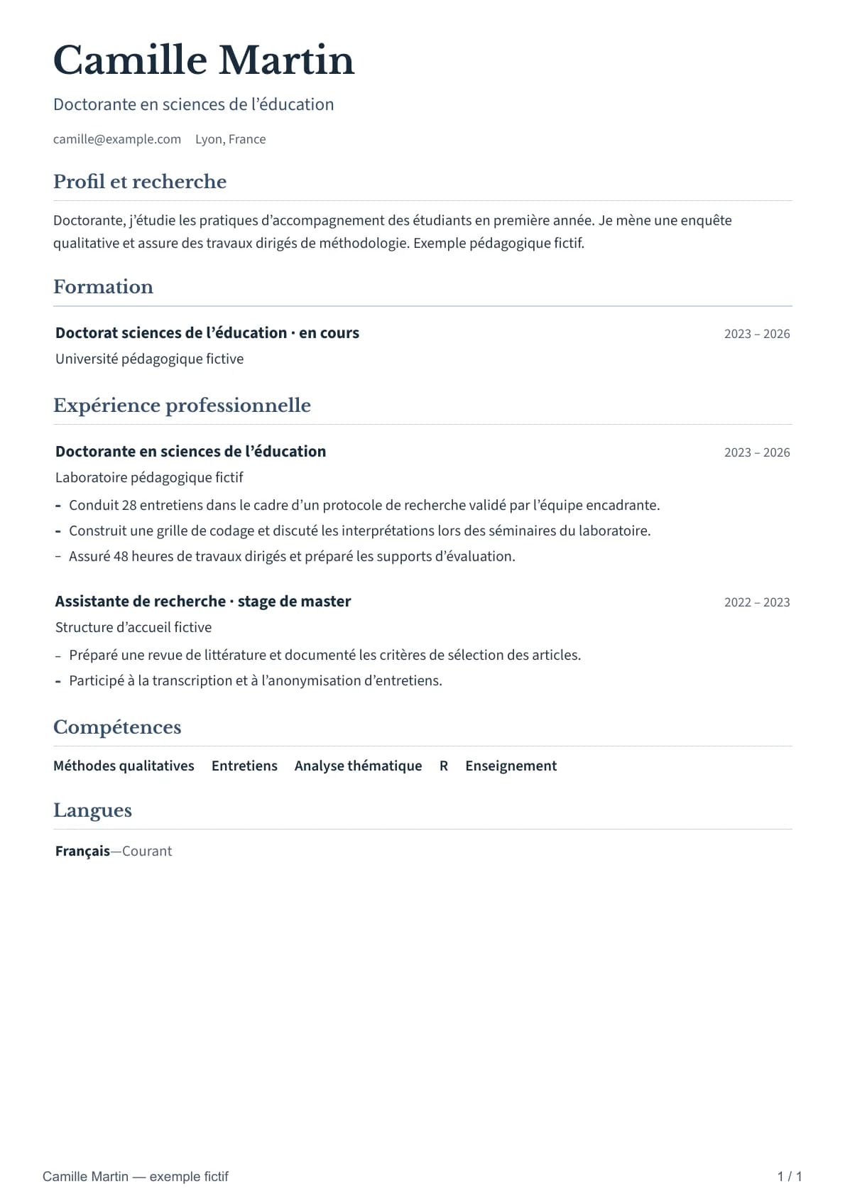 Aperçu du modèle de CV Institut, parcours fictif Doctorante en sciences de l’éducation