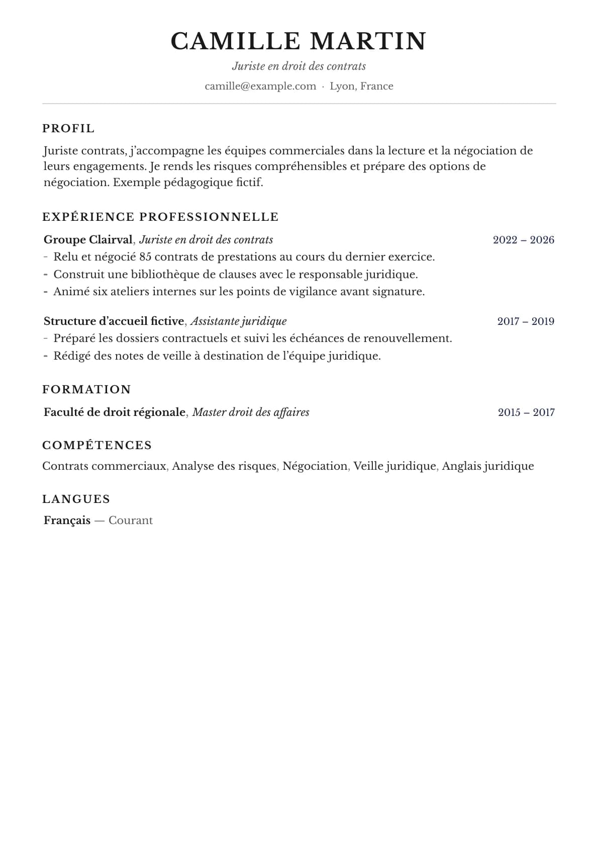 Aperçu du modèle de CV Louvre, parcours fictif Juriste en droit des contrats