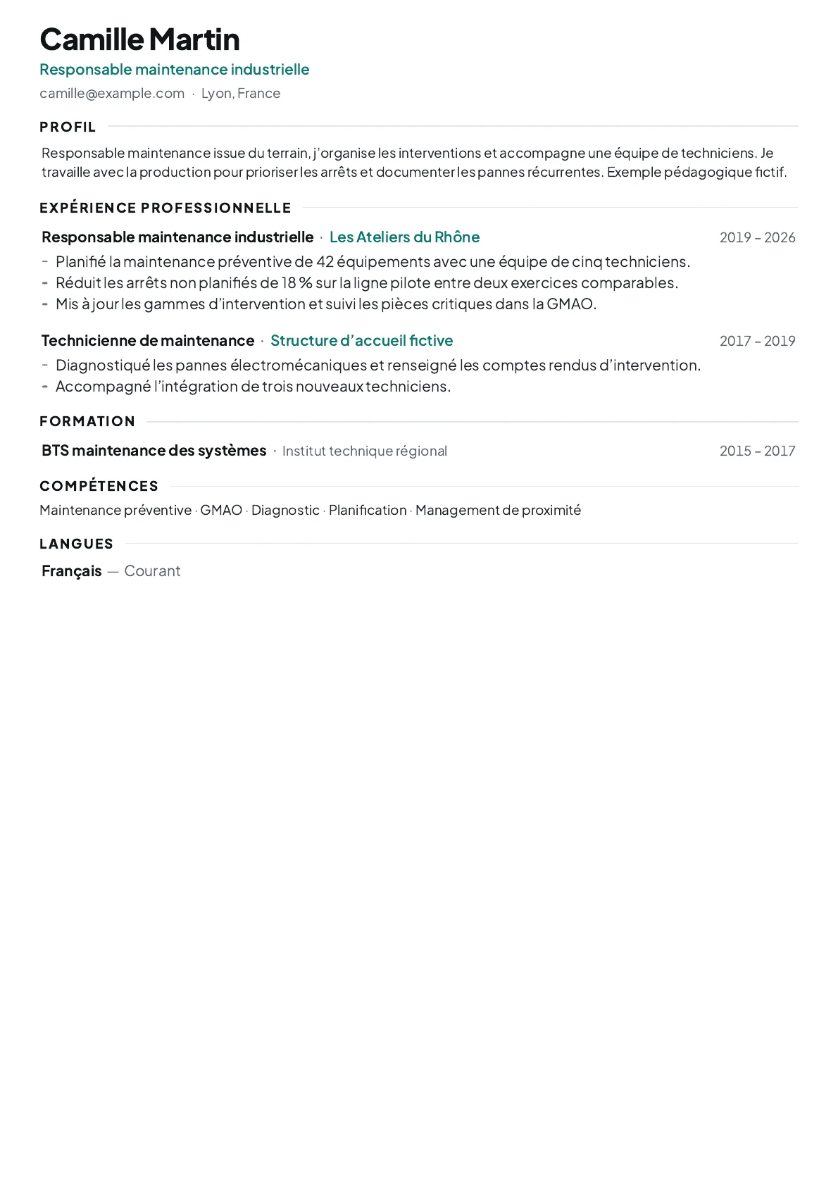 Aperçu du modèle de CV Montmartre, parcours fictif Responsable maintenance industrielle