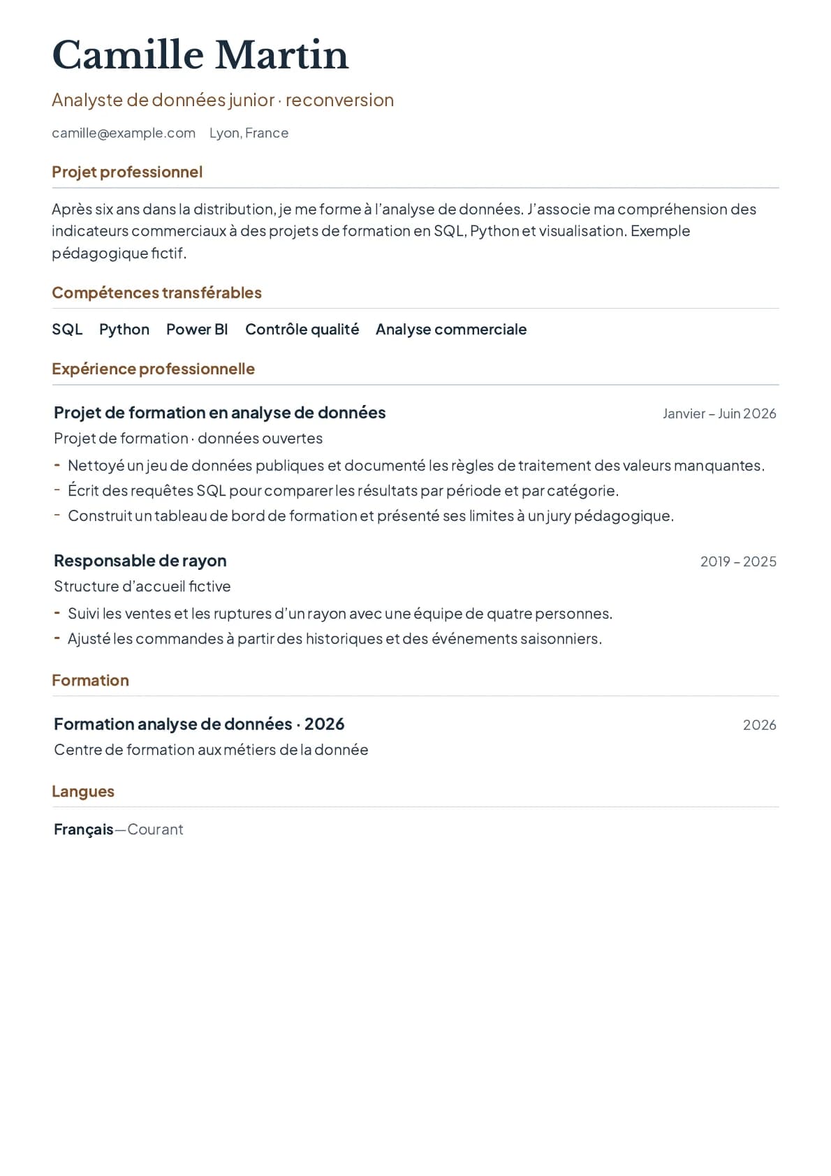 Aperçu du modèle de CV Passerelle, parcours fictif Analyste de données junior · reconversion